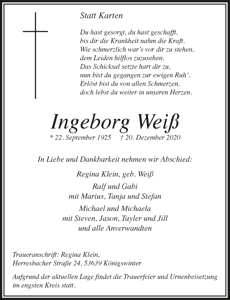  Traueranzeige für Ingeborg Weiß vom 08.01.2021 aus  Extra Blatt 