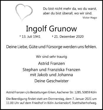 Anzeige von Ingolf Grunow von Kölner Stadt-Anzeiger / Kölnische Rundschau / Express