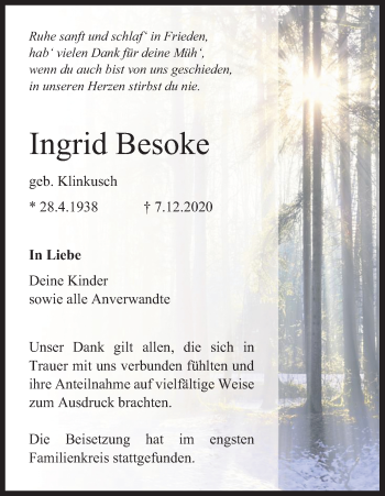 Anzeige von Ingrid Besoke von Kölner Stadt-Anzeiger / Kölnische Rundschau / Express