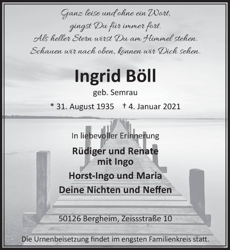  Traueranzeige für Ingrid Böll vom 08.01.2021 aus  Werbepost 