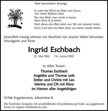 Anzeige von Ingrid Eschbach von Kölner Stadt-Anzeiger / Kölnische Rundschau / Express