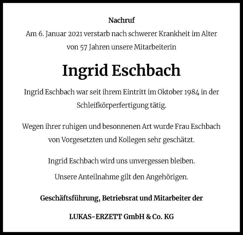  Traueranzeige für Ingrid Eschbach vom 13.01.2021 aus Kölner Stadt-Anzeiger / Kölnische Rundschau / Express