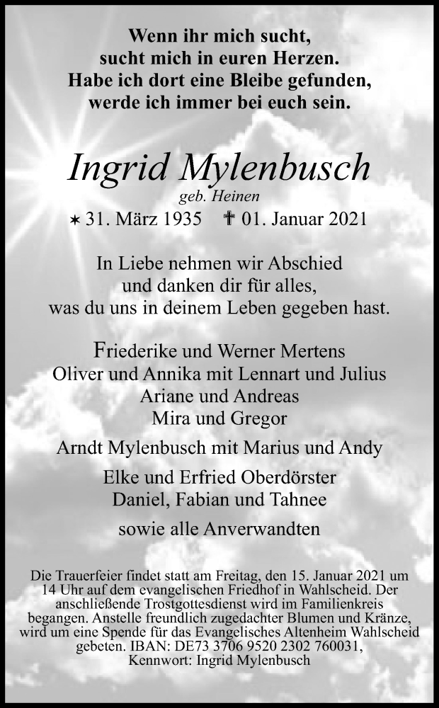  Traueranzeige für Ingrid Mylenbusch vom 09.01.2021 aus Kölner Stadt-Anzeiger / Kölnische Rundschau / Express