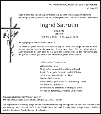 Anzeige von Ingrid Satrutin von Kölner Stadt-Anzeiger / Kölnische Rundschau / Express