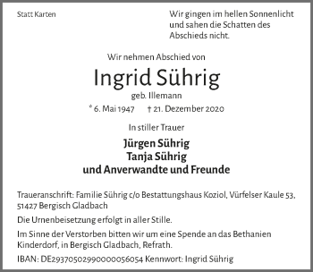 Anzeige von Ingrid Sührig von  Bergisches Handelsblatt 