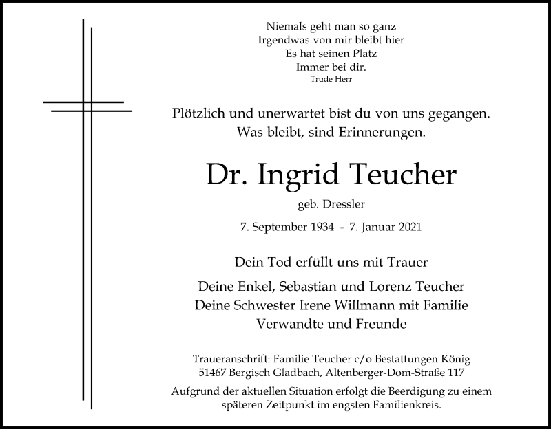  Traueranzeige für Ingrid Teucher vom 16.01.2021 aus Kölner Stadt-Anzeiger / Kölnische Rundschau / Express