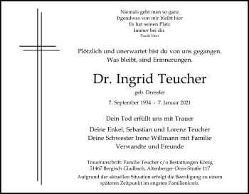 Anzeige von Ingrid Teucher von Kölner Stadt-Anzeiger / Kölnische Rundschau / Express