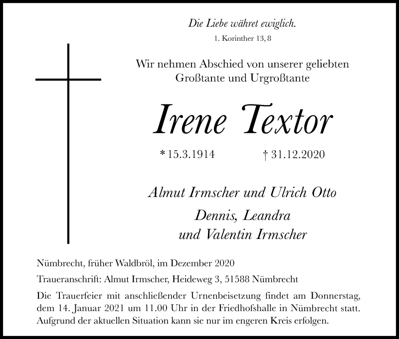  Traueranzeige für Irene Textor vom 09.01.2021 aus Kölner Stadt-Anzeiger / Kölnische Rundschau / Express