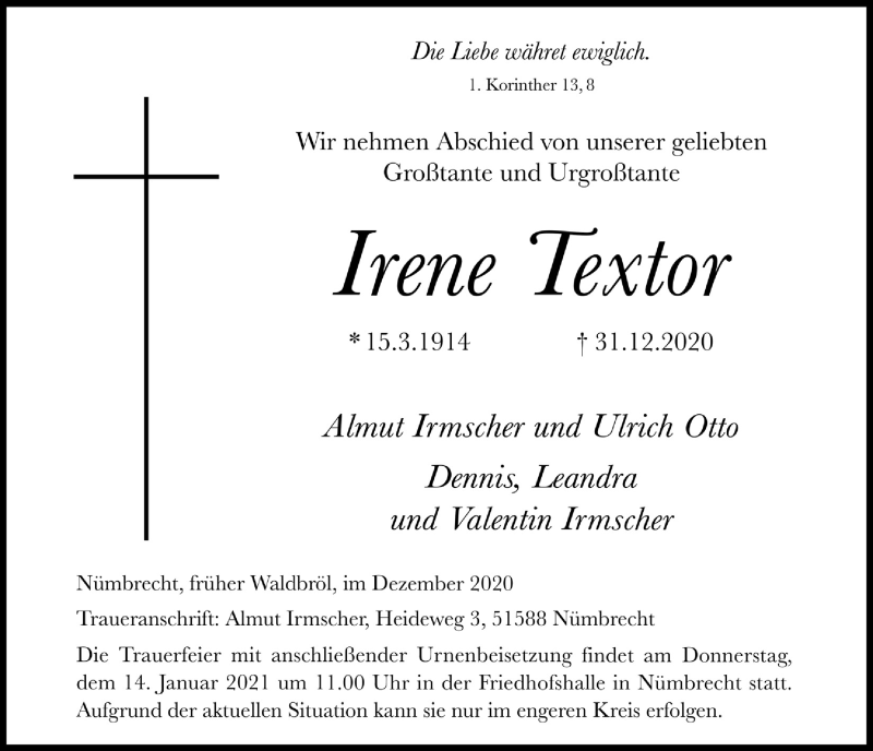  Traueranzeige für Irene Textor vom 08.01.2021 aus  Lokalanzeiger 