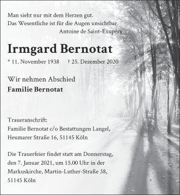 Anzeige von Irmgard Bernotat von  Kölner Wochenspiegel 
