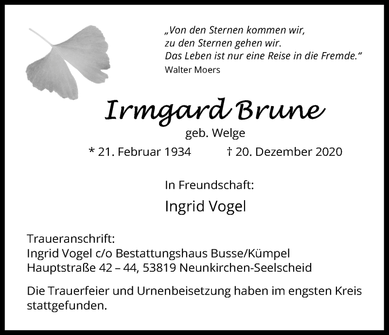  Traueranzeige für Irmgard Brune vom 16.01.2021 aus Kölner Stadt-Anzeiger / Kölnische Rundschau / Express
