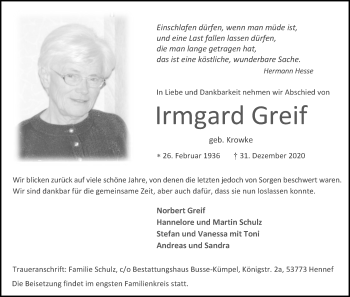 Anzeige von Irmgard Greif von Kölner Stadt-Anzeiger / Kölnische Rundschau / Express