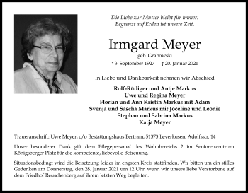 Anzeige von Irmgard Meyer von Kölner Stadt-Anzeiger / Kölnische Rundschau / Express