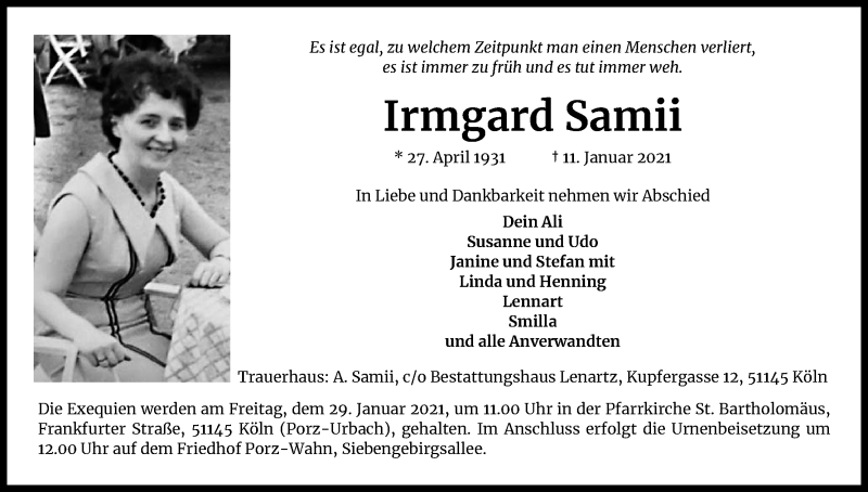  Traueranzeige für Irmgard Samii vom 23.01.2021 aus Kölner Stadt-Anzeiger / Kölnische Rundschau / Express