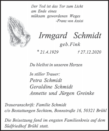 Anzeige von Irmgard Schmidt von  Schlossbote/Werbekurier 