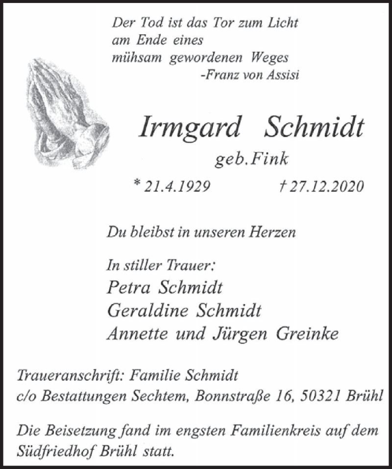  Traueranzeige für Irmgard Schmidt vom 15.01.2021 aus  Schlossbote/Werbekurier 