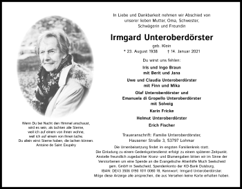 Anzeige von Irmgard Unteroberdörster von Kölner Stadt-Anzeiger / Kölnische Rundschau / Express