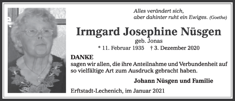  Traueranzeige für Irmgard Josephine Nüsgen vom 08.01.2021 aus  Werbepost 
