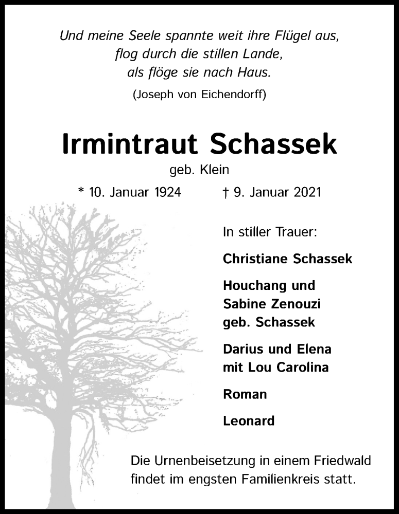 Traueranzeige für Irmintraut Schassek vom 16.01.2021 aus Kölner Stadt-Anzeiger / Kölnische Rundschau / Express