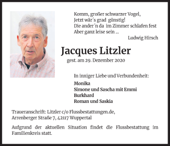 Anzeige von Jacques Litzler von Kölner Stadt-Anzeiger / Kölnische Rundschau / Express