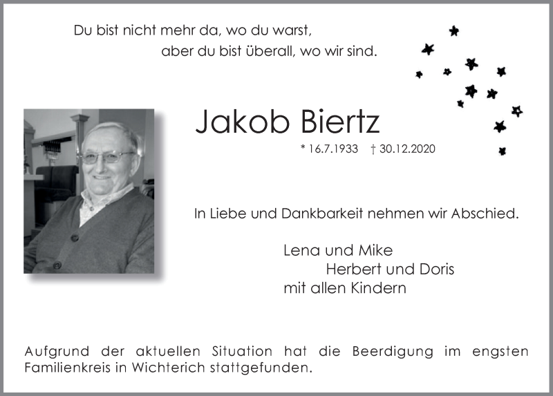  Traueranzeige für Jakob Biertz vom 16.01.2021 aus  Blickpunkt Euskirchen 