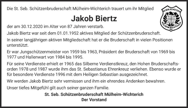  Traueranzeige für Jakob Biertz vom 30.01.2021 aus  Blickpunkt Euskirchen 