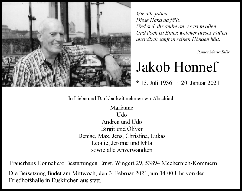  Traueranzeige für Jakob Honnef vom 30.01.2021 aus  Blickpunkt Euskirchen 