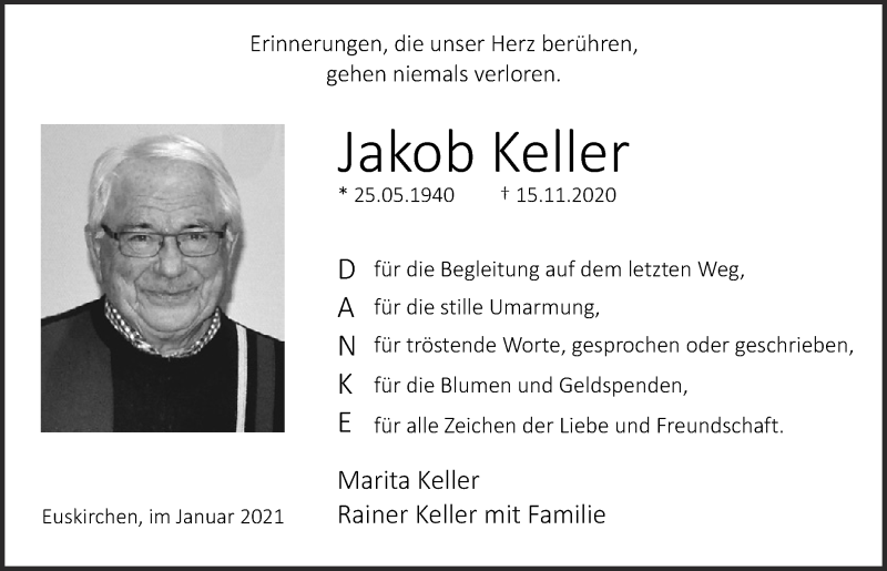  Traueranzeige für Jakob Keller vom 30.01.2021 aus  Blickpunkt Euskirchen 