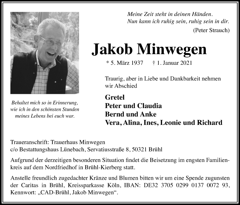  Traueranzeige für Jakob Minwegen vom 09.01.2021 aus Kölner Stadt-Anzeiger / Kölnische Rundschau / Express