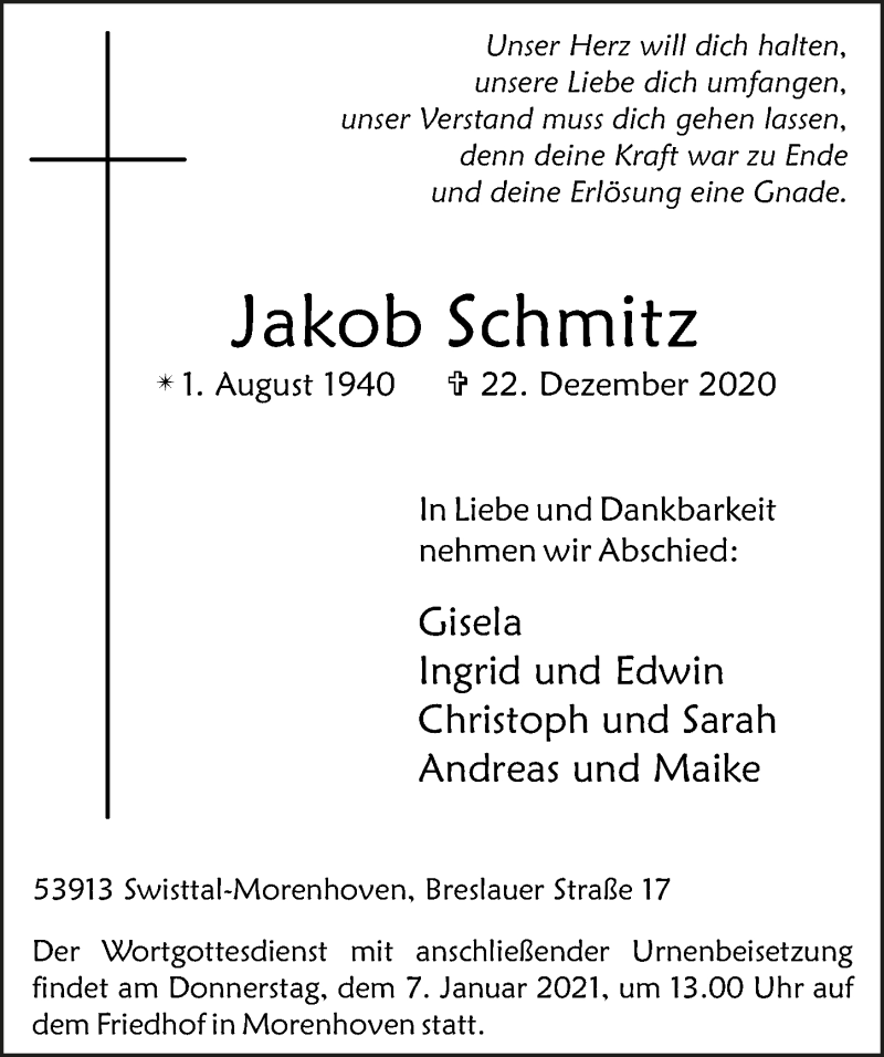  Traueranzeige für Jakob Schmitz vom 02.01.2021 aus  Schaufenster/Blickpunkt 