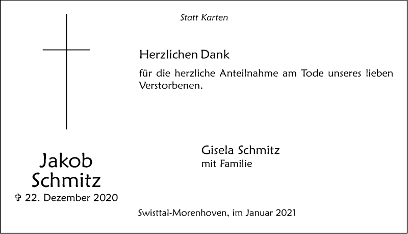  Traueranzeige für Jakob Schmitz vom 22.01.2021 aus  Schaufenster/Blickpunkt 