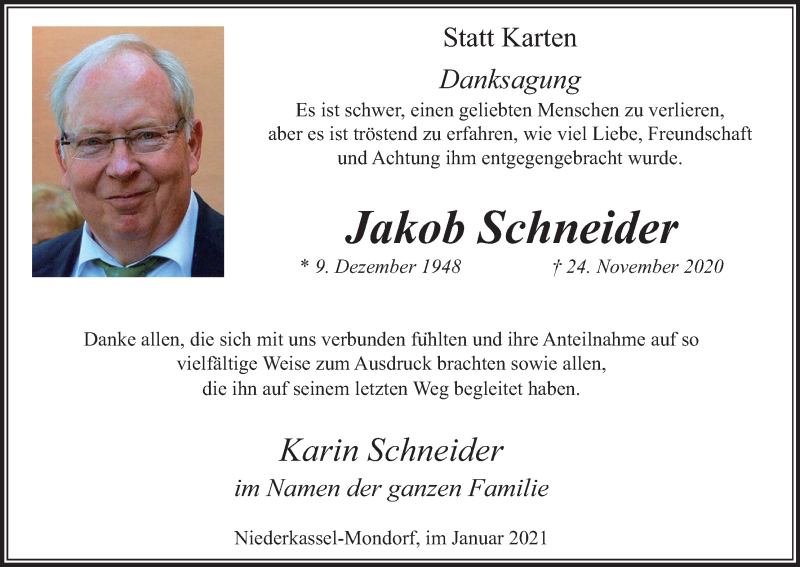  Traueranzeige für Jakob Schneider vom 16.01.2021 aus Kölner Stadt-Anzeiger / Kölnische Rundschau / Express