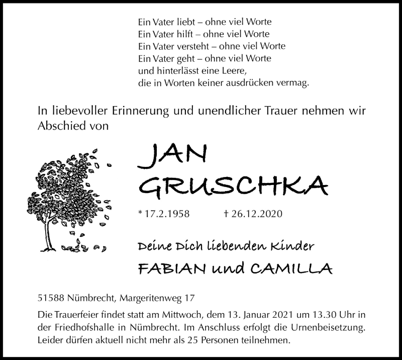  Traueranzeige für Jan Gruschka vom 08.01.2021 aus  Anzeigen Echo  Lokalanzeiger 