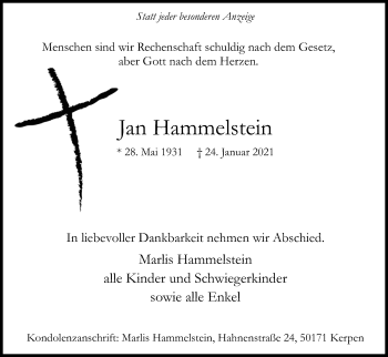 Anzeige von Jan Hammelstein von Kölner Stadt-Anzeiger / Kölnische Rundschau / Express
