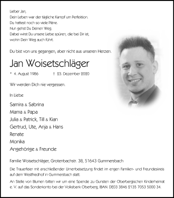 Anzeige von Jan Woisetschläger von Kölner Stadt-Anzeiger / Kölnische Rundschau / Express
