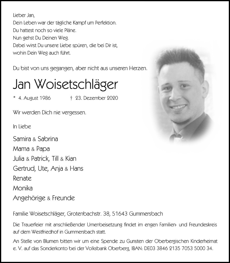  Traueranzeige für Jan Woisetschläger vom 08.01.2021 aus  Anzeigen Echo 