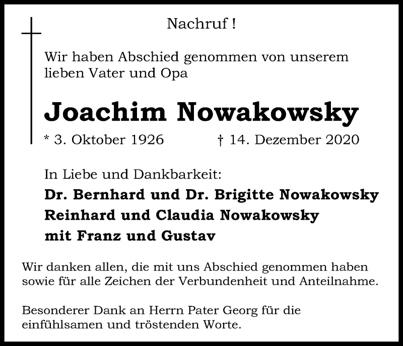  Traueranzeige für Joachim Nowakowsky vom 30.01.2021 aus Kölner Stadt-Anzeiger / Kölnische Rundschau / Express