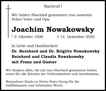 Anzeige von Joachim Nowakowsky von Kölner Stadt-Anzeiger / Kölnische Rundschau / Express