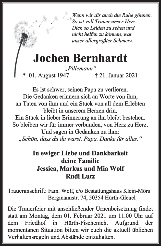  Traueranzeige für Jochen Bernhardt vom 29.01.2021 aus  Wochenende 