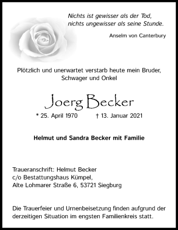 Anzeige von Joerg Becker von Kölner Stadt-Anzeiger / Kölnische Rundschau / Express