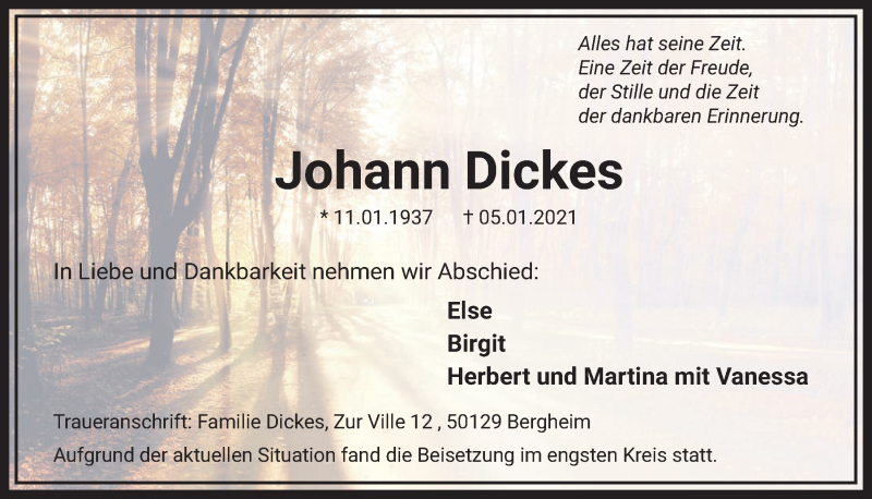  Traueranzeige für Johann Dickes vom 15.01.2021 aus  Werbepost 