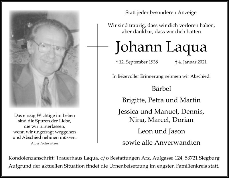  Traueranzeige für Johann Laqua vom 09.01.2021 aus Kölner Stadt-Anzeiger / Kölnische Rundschau / Express