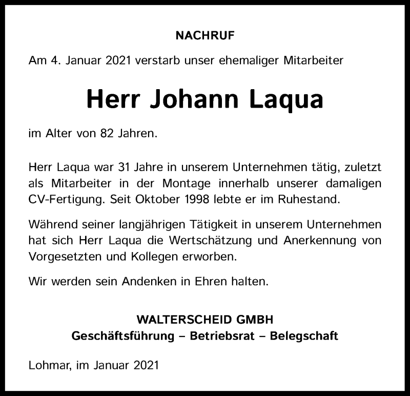  Traueranzeige für Johann Laqua vom 13.01.2021 aus Kölner Stadt-Anzeiger / Kölnische Rundschau / Express