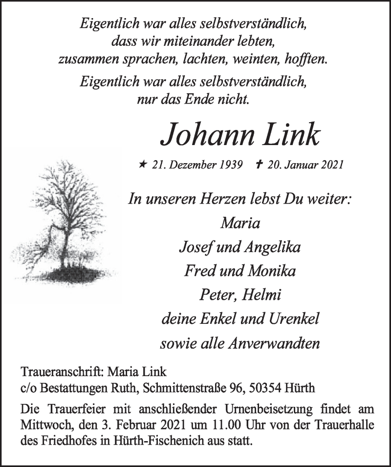  Traueranzeige für Johann Link vom 29.01.2021 aus  Wochenende 