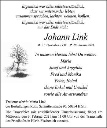 Anzeige von Johann Link von  Wochenende 