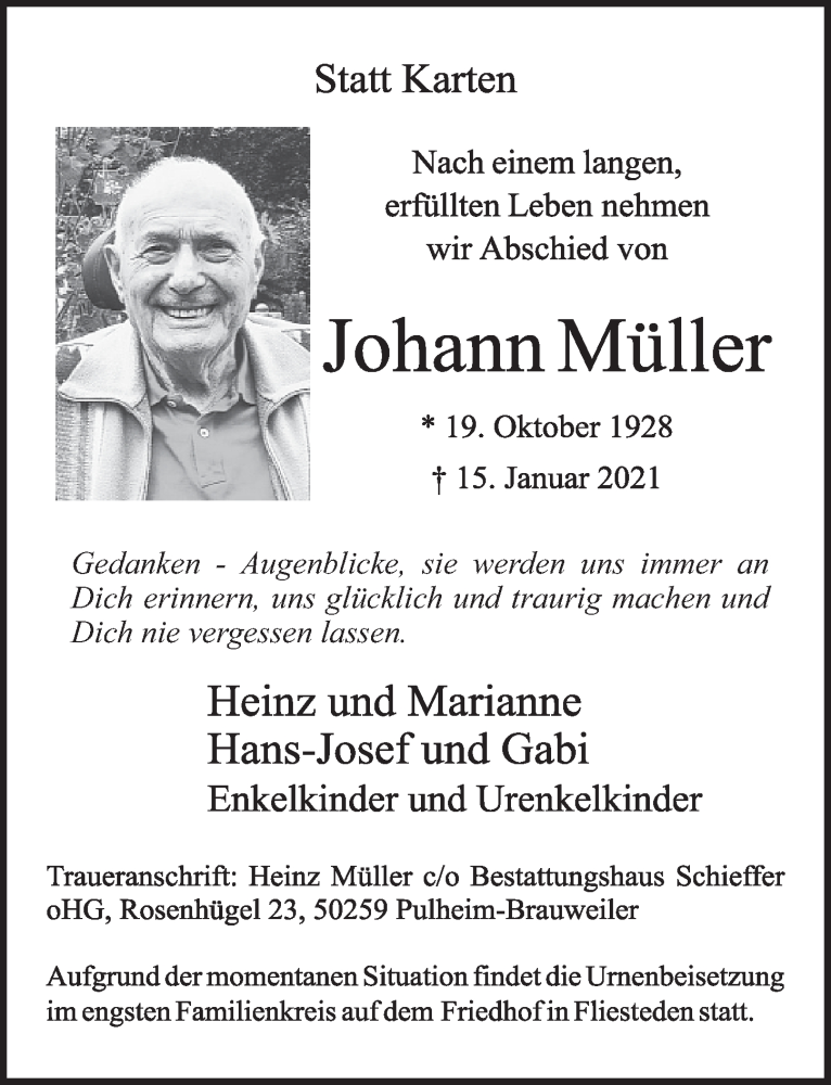  Traueranzeige für Johann Müller vom 22.01.2021 aus  Werbepost 