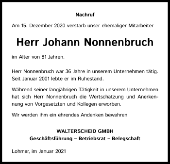 Anzeige von Johann Nonnenbruch von Kölner Stadt-Anzeiger / Kölnische Rundschau / Express