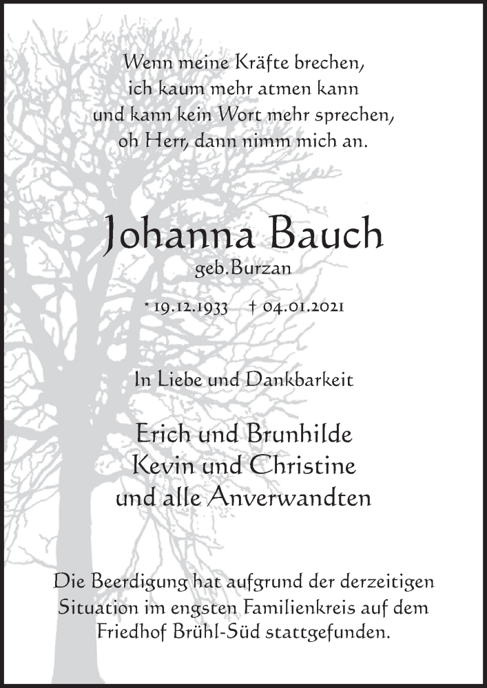  Traueranzeige für Johanna Bauch vom 15.01.2021 aus  Schlossbote/Werbekurier 