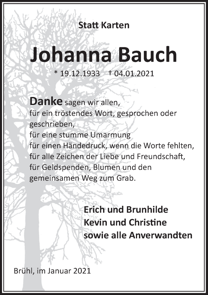  Traueranzeige für Johanna Bauch vom 22.01.2021 aus  Schlossbote/Werbekurier 