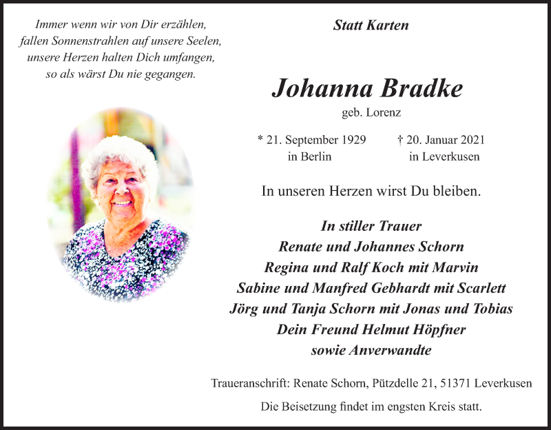  Traueranzeige für Johanna Bradke vom 30.01.2021 aus Kölner Stadt-Anzeiger / Kölnische Rundschau / Express